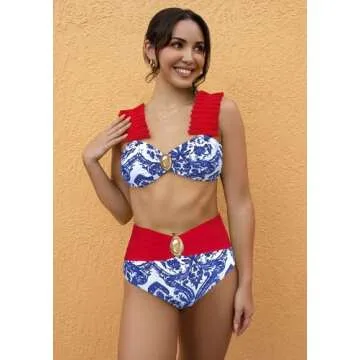 SPORLIKE Women Ruffle High Waisted Swimsuit Adjustable Straps Bikini Padded Bathing Suit(Blue Print,X-Large)