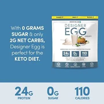 Designer Wellness, Designer Egg, Natural Egg Yolk & Egg White Protein Powder, Keto and Paleo Friendly, Low Calorie, Less Fat and Cholesterol, Classic Vanilla, 12.4 Ounce
