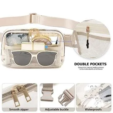 Clear Fanny Pack Belt Bag Stadium Approved for Women Men with Adjustable Strap Water-resistant Waist bag Clear Purse for Travel Workout Running Hiking(Beige)