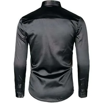 JOGAL Mens 70s Disco Shirt Silver Sequins Party Costume Long Sleeve Button Down Shirt Medium Black Silver