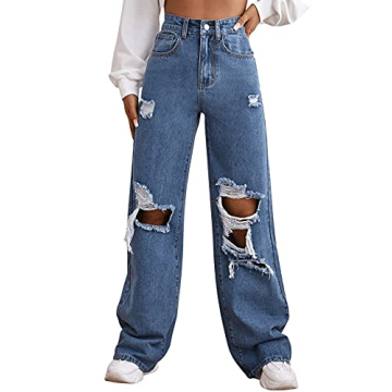 SweatyRocks Women's Casual Ripped Wide Leg Denim Pants