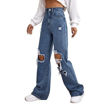 SweatyRocks Women's Casual Ripped Wide Leg Denim Pants