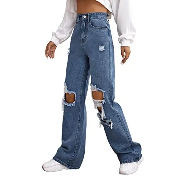 SweatyRocks Women's Casual Ripped Wide Leg Denim Pants
