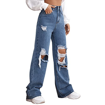 SweatyRocks Women's Casual Ripped Wide Leg Denim Pants