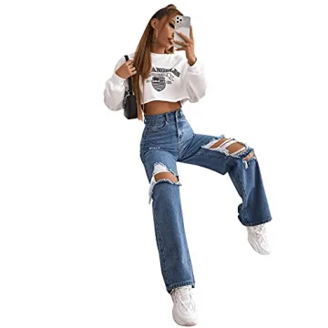 SweatyRocks Women's Casual Ripped Wide Leg Denim Pants
