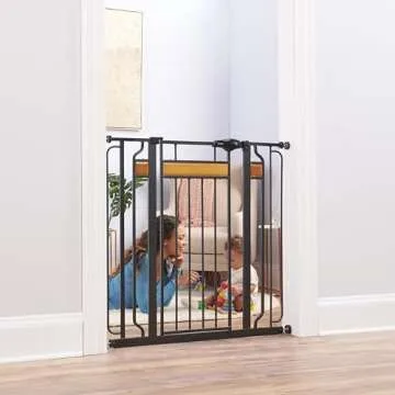 Regalo Home Accents Extra Tall & Wide Baby Gate, Bonus Kit, Includes Décor Steel With Hardwood, 4" Extension Kit, 4 Pack Pressure Mount Kit & Wall Cups, 0320 DS
