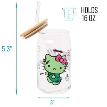 Silver Buffalo Sanrio Hello Kitty Halloween Spooky Frankenstein Glass Jar Tumbler with Bamboo Lid an...