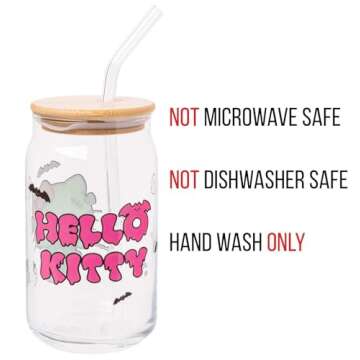 Silver Buffalo Sanrio Hello Kitty Halloween Spooky Frankenstein Glass Jar Tumbler with Bamboo Lid and Glass Straw, 16 ounces