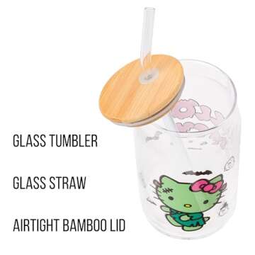 Silver Buffalo Sanrio Hello Kitty Halloween Spooky Frankenstein Glass Jar Tumbler with Bamboo Lid and Glass Straw, 16 ounces