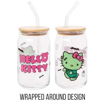 Silver Buffalo Sanrio Hello Kitty Halloween Spooky Frankenstein Glass Jar Tumbler with Bamboo Lid and Glass Straw, 16 ounces