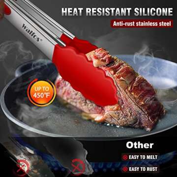 Walfos Silicone Tongs for Cooking - Heat Resistant kitchen tongs for Salad,Cooking, Grilling,Stainle...