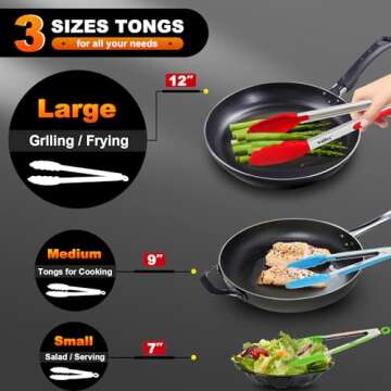 Walfos Silicone Tongs for Cooking - Heat Resistant kitchen tongs for Salad,Cooking, Grilling,Stainless Steel and BPA Free Silicone Tips set of 3 (7" 9" and 12 inch)