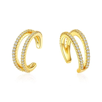 Cuff Earrings for Women 18K Gold Plated Double Diamond Ear Cuff No Piercing Conch Hoop Huggie Earrin...