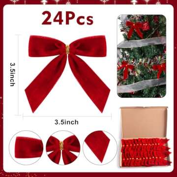 Utehilly 24 Pcs Red Small Velvet Christmas Bows for Christmas Tree, Wreath, Gift Wrapping, Crafts, W...
