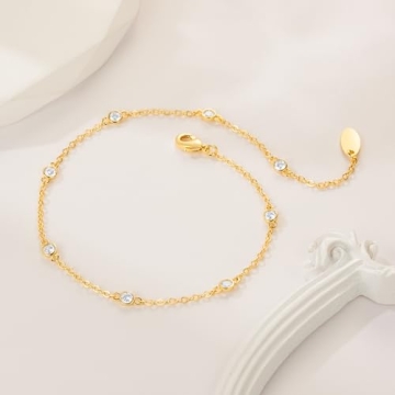 HIROM JOINS 14K Gold Anklets for Women Non Tarnish 1/5 Carat Diamond Ankle Bracelet 14K Gold Ankle Bracelets for Women Waterproof Box Station Chain Design Jewelry for Women 9/10/11in (10.0)