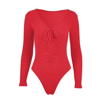 Red Deep V Neck Long Sleeve Bodysuit with Bowknot Design