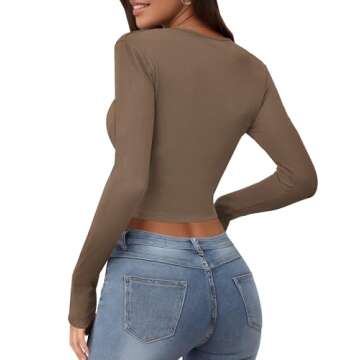Buauty Women's Crop Tops Square Neck Shirts Long Sleeve Cropped Tshirts Fitted Tees Ribbed Basic Clothes Sexy Y2k Casual 2024 Coffee