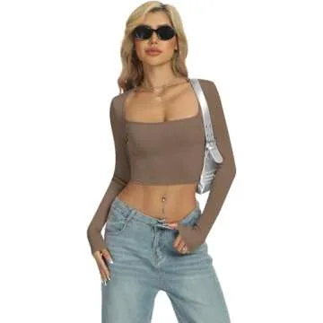 Buauty Women's Crop Tops Square Neck Shirts Long Sleeve Cropped Tshirts Fitted Tees Ribbed Basic Clothes Sexy Y2k Casual 2024 Coffee