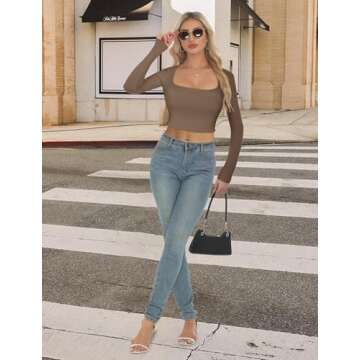 Buauty Women's Crop Tops Square Neck Shirts Long Sleeve Cropped Tshirts Fitted Tees Ribbed Basic Clothes Sexy Y2k Casual 2024 Coffee