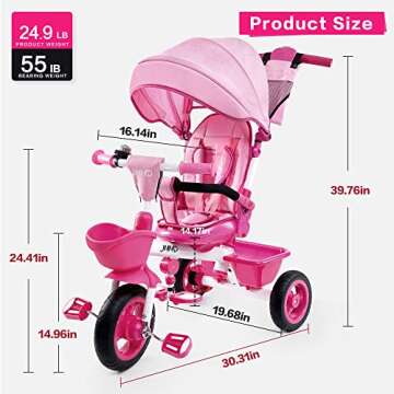JMMD Baby Trike, 6-in-1 Kids Tricycle with Adjustable Push Handle, Removable Canopy, Safety Harness for 18 Months - 5 Year Old, Pink