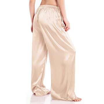 Wantschun Womens Wide Leg Pajama Pants Satin Silk Casual Loose Elastic Waist Lounge Pants Pj Bottoms Longer Length - Champagne ; M