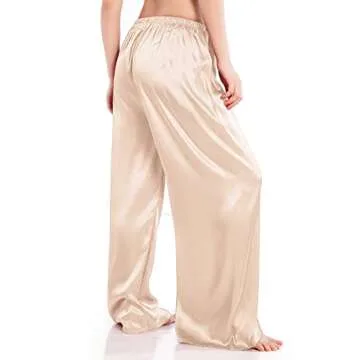 Wantschun Womens Wide Leg Pajama Pants Satin Silk Casual Loose Elastic Waist Lounge Pants Pj Bottoms Longer Length - Champagne ; M