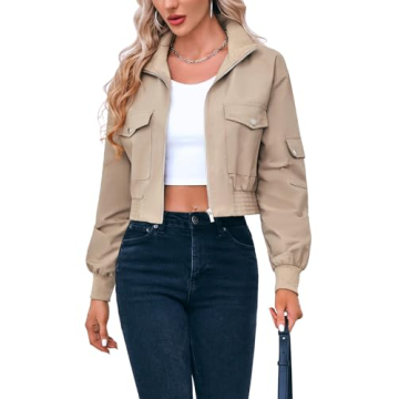 Fisoew Women's Cropped Bomber Jacket - Trendy & Lightweight