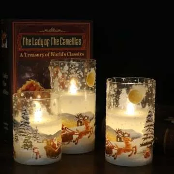 DRomance Santa Claus Glass Flameless Candles Battery Operated Remote and Timer Real Wax LED Flickering Pillar Candles White Cold Light Window Christmas Holiday Decor D3 x H4, 5", 6"
