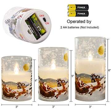 DRomance Santa Claus Glass Flameless Candles Battery Operated Remote and Timer Real Wax LED Flickering Pillar Candles White Cold Light Window Christmas Holiday Decor D3 x H4, 5", 6"