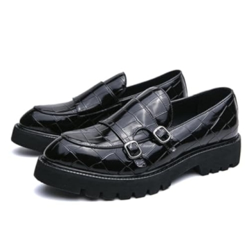 Men's Slip-On Patent Leather Platform Loafers - Stylish Double Buckle Fashion