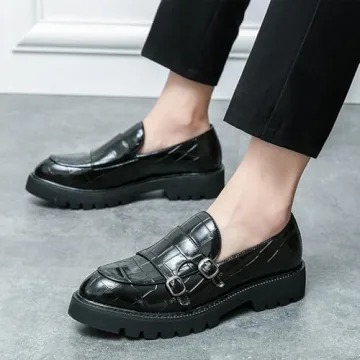 Men's Slip-On Patent Leather Loafers with Double Buckle