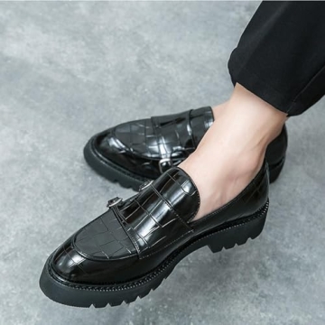 Men's Slip-On Patent Leather Loafers with Double Buckle