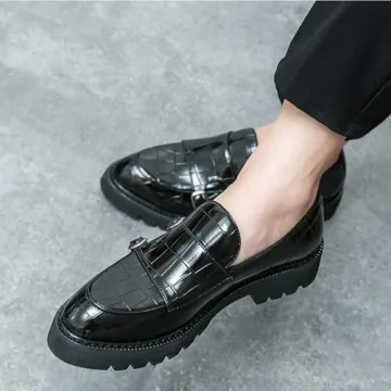 Men's Slip-On Patent Leather Loafers with Double Buckle