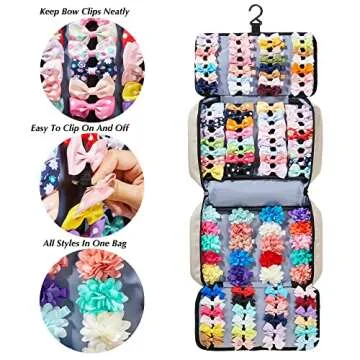 HUHYNN Hair Accessories Organizer for Girls, Hair Accessories Storage Bag, Hair Bow Storage Organaizer for Girls with Multi-Compartments, Baby Hair Accessories Organizer for Travel (Beige)