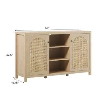Walker Edison Modern Arched Rattan 2-Door Sideboard, 58 Inch, Coastal Oak