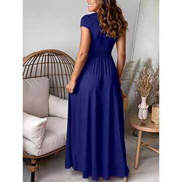 ANRABESS Women Summer Deep V Neck Short Sleeve Slit 2025 Elegant Formal Wedding Guest Cocktail Evening Date Maxi Long Dress Blue X-Large