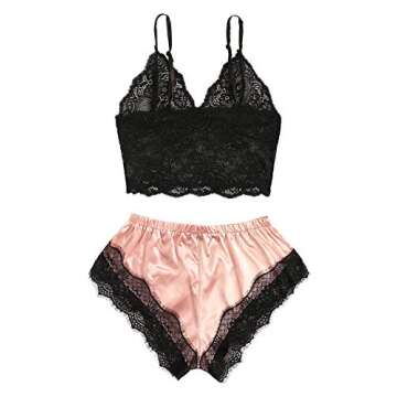 SweatyRocks Women's Lace Cami Top with Shorts with Panties 2 Piece Set Sexy Lingerie Pajama Set Black Pink Small