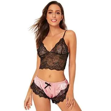 SweatyRocks Women's Lace Cami Top with Shorts with Panties 2 Piece Set Sexy Lingerie Pajama Set Black Pink Small