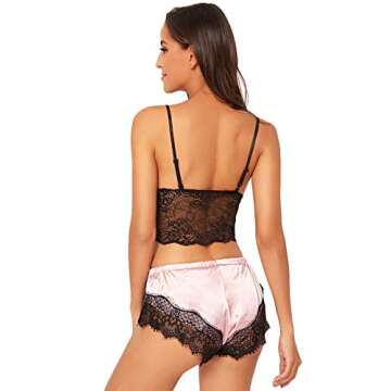 SweatyRocks Women's Lace Cami Top with Shorts with Panties 2 Piece Set Sexy Lingerie Pajama Set Black Pink Small