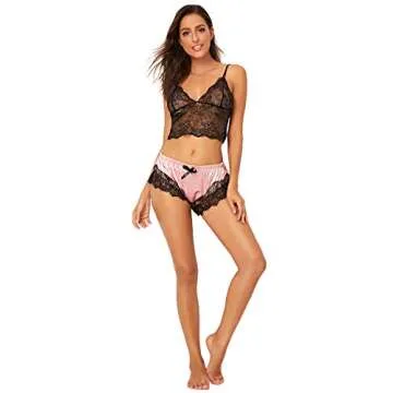 SweatyRocks Women's Lace Cami Top with Shorts with Panties 2 Piece Set Sexy Lingerie Pajama Set Black Pink Small
