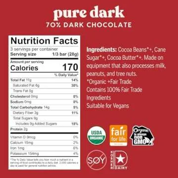 Theo Chocolate Pure Organic Dark Chocolate Bar, 70% Cacao, 12 Pack | Vegan, Fair Trade