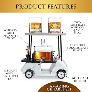 The Wine Savant Golf Decanter Whiskey Decanter and 2 Whiskey Glasses -, Golf Gifts for Both Men & Women, Golf Accessories, Golfer Gifts, Based on A Replica Golf Cart (850ml Decanter - 8 Ounce Glasses)