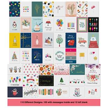 Dessie 110 Unique All Occasion Card Assortment with Envelopes 5x7. Greeting Cards Assortment Box All Occasion with Inside Message. Includes Birthday Cards , Sympathy Cards, Thinking Of You Cards, Holiday Cards