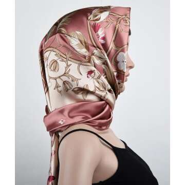 corciova 35 Women Silk Like Square Hair Scarf Headscarf Candy Pink Almond Flower Curly Headband Tie ...