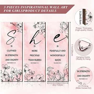 Qunclay 3 Pcs Pink Flower Inspirational Wall Decor Art Gift Wooden Motivational Hanging Christian Qu...