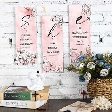 Qunclay 3 Pcs Pink Flower Inspirational Wall Decor Art Gift Wooden Motivational Hanging Christian Quotes Floral Decor for Women Girl Living Room Valentine‘s Day Gift(11.81 x 3.94 x 0.2 Inch,Pink)