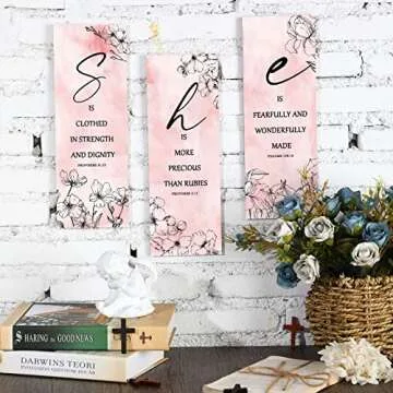 Qunclay 3 Pcs Pink Flower Inspirational Wall Decor Art Gift Wooden Motivational Hanging Christian Quotes Floral Decor for Women Girl Living Room Valentine‘s Day Gift(11.81 x 3.94 x 0.2 Inch,Pink)