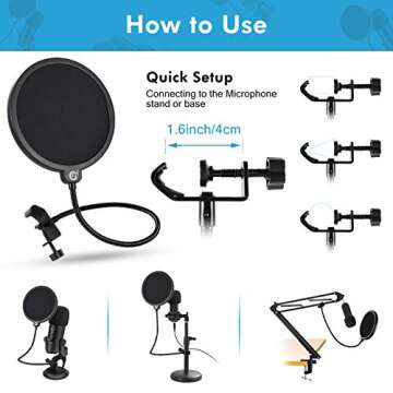 EJT Pop Filter for Mic, Microphone Isolation Shield,6" Dual Layered Pop Wind Screen with Enhanced Flexible 360°Gooseneck Clip Stabilization Arm Pop Filter for Vocal Recording, Live Broadcasting