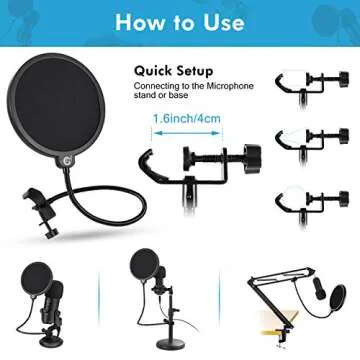 EJT Pop Filter for Mic, Microphone Isolation Shield,6" Dual Layered Pop Wind Screen with Enhanced Flexible 360°Gooseneck Clip Stabilization Arm Pop Filter for Vocal Recording, Live Broadcasting