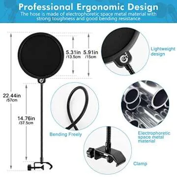 EJT Pop Filter for Mic, Microphone Isolation Shield,6" Dual Layered Pop Wind Screen with Enhanced Flexible 360°Gooseneck Clip Stabilization Arm Pop Filter for Vocal Recording, Live Broadcasting
